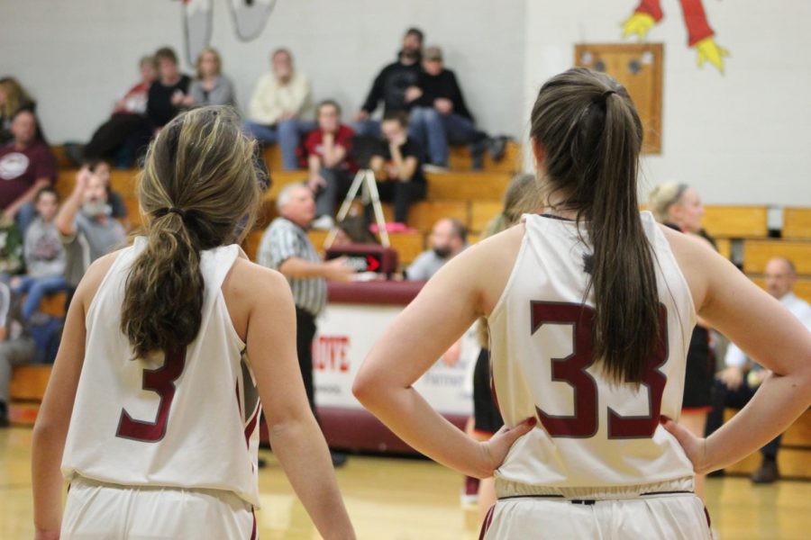 Olivia Hunkapiller, Right, and teammate, Brianna Betz, left, talking during their victory against Schuylkill Valley.