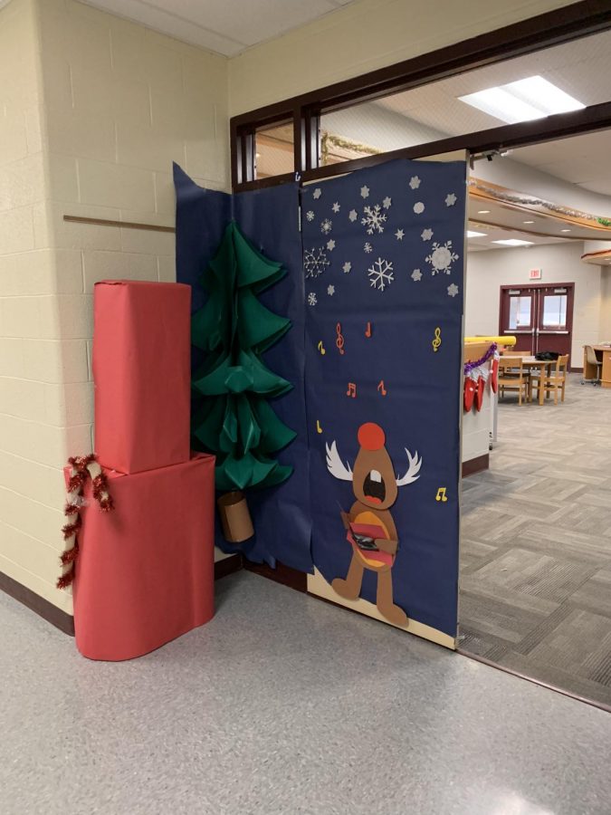 The Library door decorated for the holidays.
