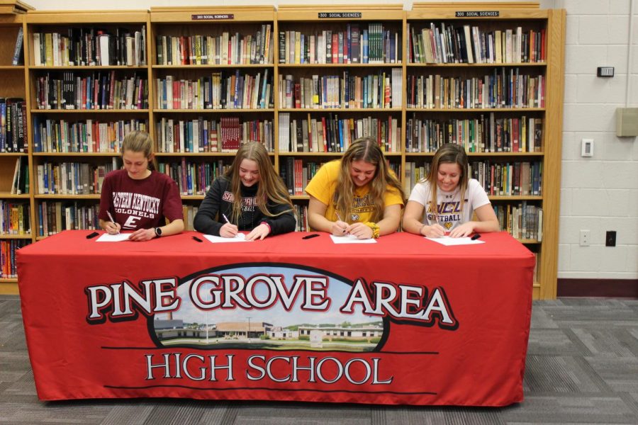 Left to right, Christina DiFalco, Avery Nagle, Trisha Kopenitz, and Katelyn Rittenbaugh signing their letters of intent.