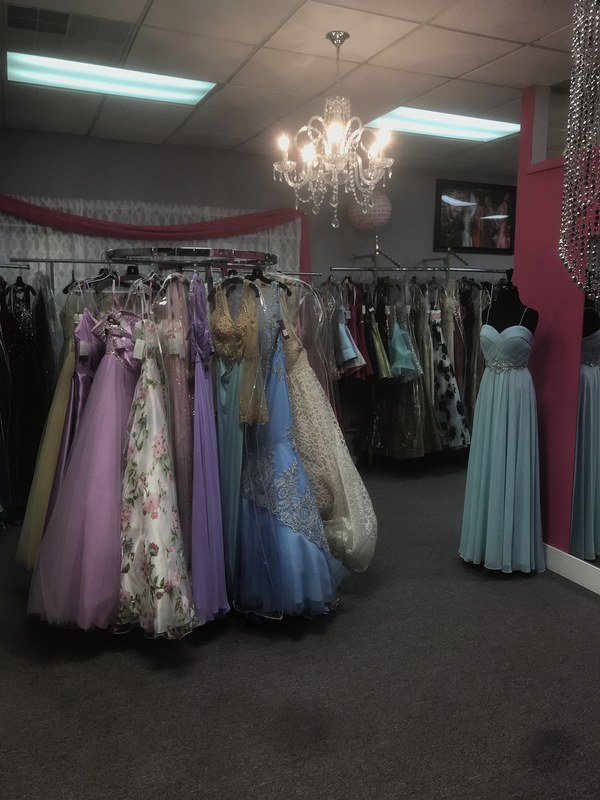 The prom dress show room at Special Moments Bridal Shop.