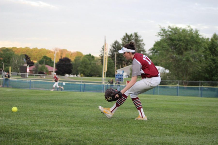 Casey Kershner, senior, fielding a ball hit into right field during the District semifinals game against Notre Dame Green Pond.