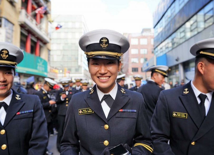 Julia Zhu participating in last years Veterans Day parade in New York City. The Naval Academy was included in the parade lineup.