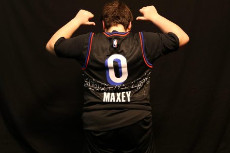 A image of Tyrese Maxey jersey, 76ers #0, being worn by Kale Lengle, freshman.