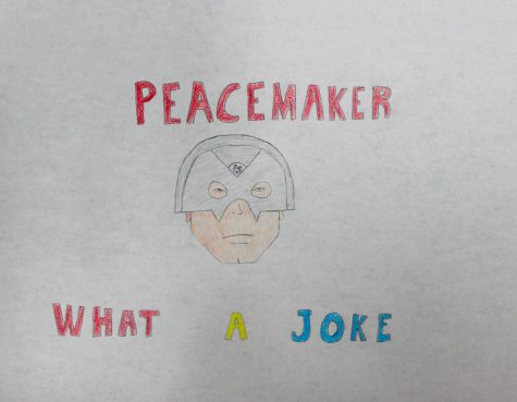 An illustration of Christopher Smith, Peacemaker, with a quote from The Suicide Squad.