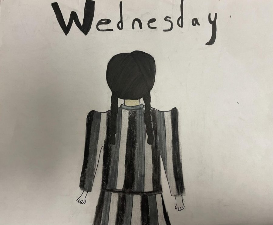 A drawing of Wednesday Addams who is portrayed by Jenna Ortega in the new Netflix Series “Wednesday”.