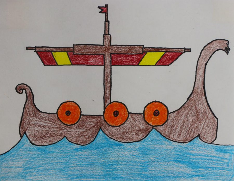 An illustration of a boat that represents the voyage from Norway to England to claim new land in the Assassin’s Creed game.