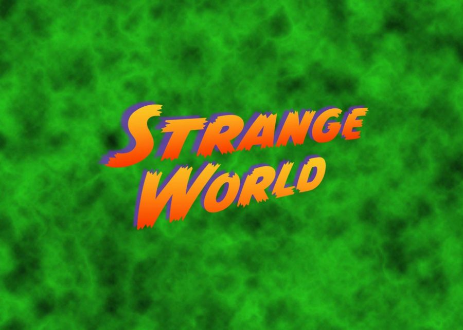 An illustration showing the Strange World logo with a green background. The background represents the glowing green Pando, which the characters try to save in the movie.