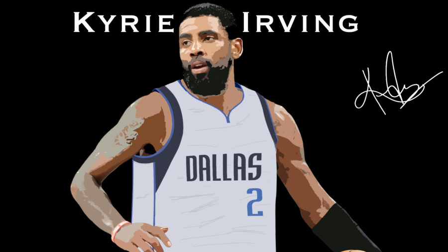 An illustration of Kyrie Irving playing for the Dallas Mavericks. Irving was traded from the Brooklyn Nets to the Dallas Mavericks for the 2023 NBA season.