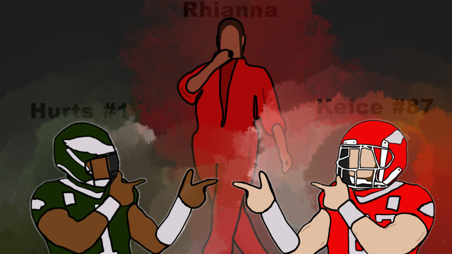 An illustration of Jalen Hurts, Eagles QB and Travis Kielce, Chiefs Tight End, and Rhianna. Rhianna performed at the Super Bowl halftime show.