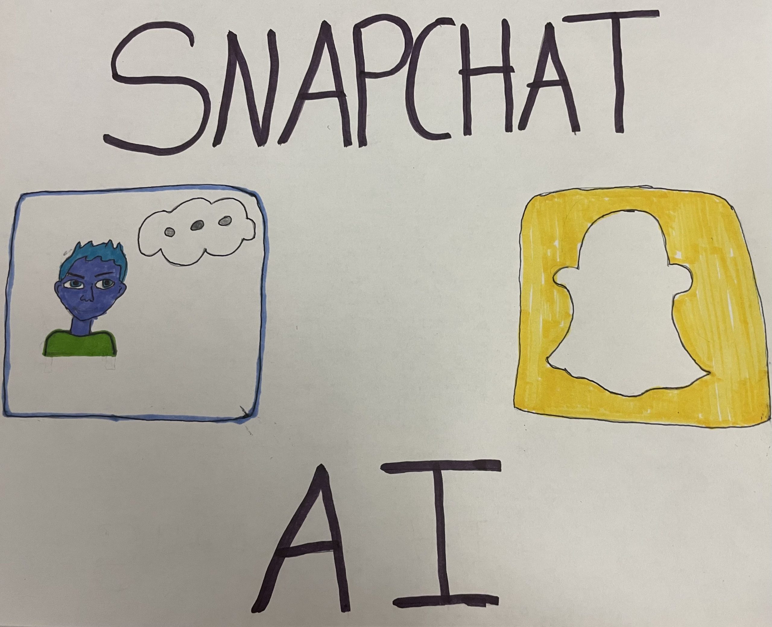 A drawing depicting the Snapchat logo as well as a My AI Bitmoji.