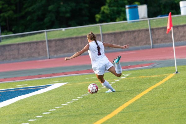Junior Viktoria Luckenbach kicks the ball during the Pine Grove Area versus Schuylkill Haven girls soccer matchup.