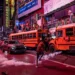 NYPD officers near crowds and damaged vehicles outside Madison Square Garden after a Knicks game